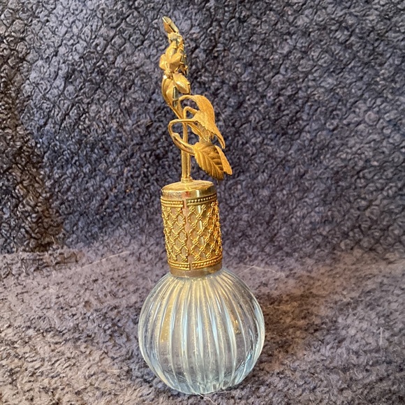 Vintage Perfume Bottle Blue Glass Filigree with Rhinestone Flower - Picture 4 of 6